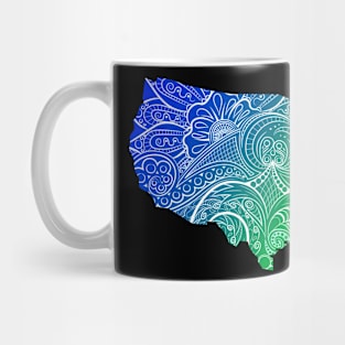 Colorful mandala art map of the United States of America in blue and green Mug